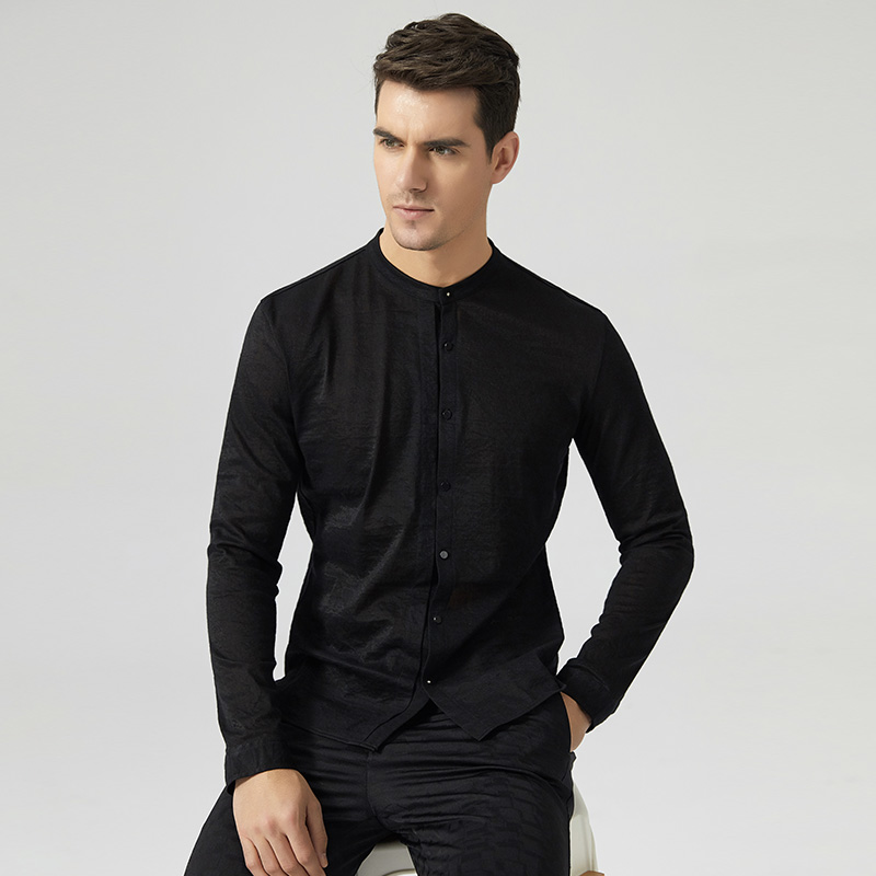 2017 new style mens collarless shirts black fashion mens long sleeve ...